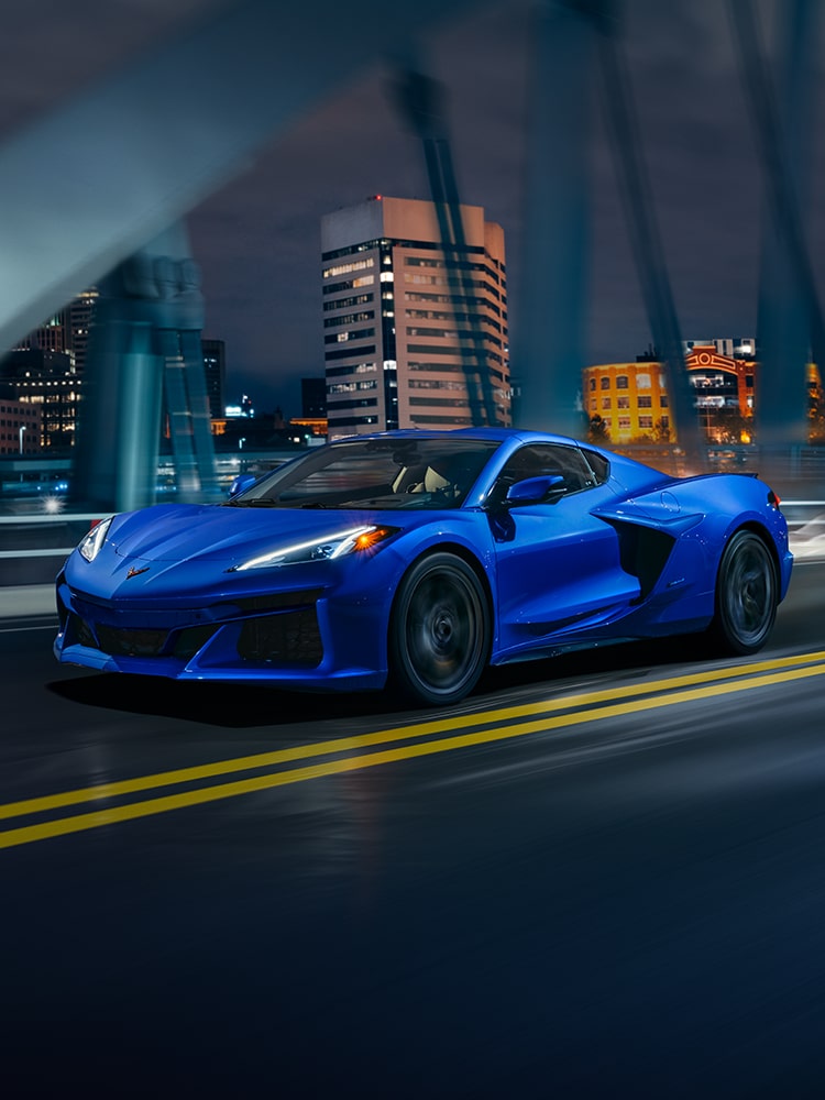 View of a 2025 Blue Chevrolet Corvette E-Ray.