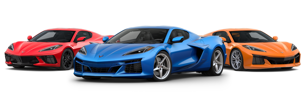 Three 2025 Chevrolet Corvette Stingray models parked near each other.
