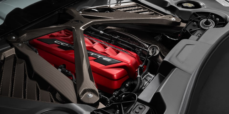 Vue rapprochée du moteur de la Chevrolet Corvette Z06 2025.