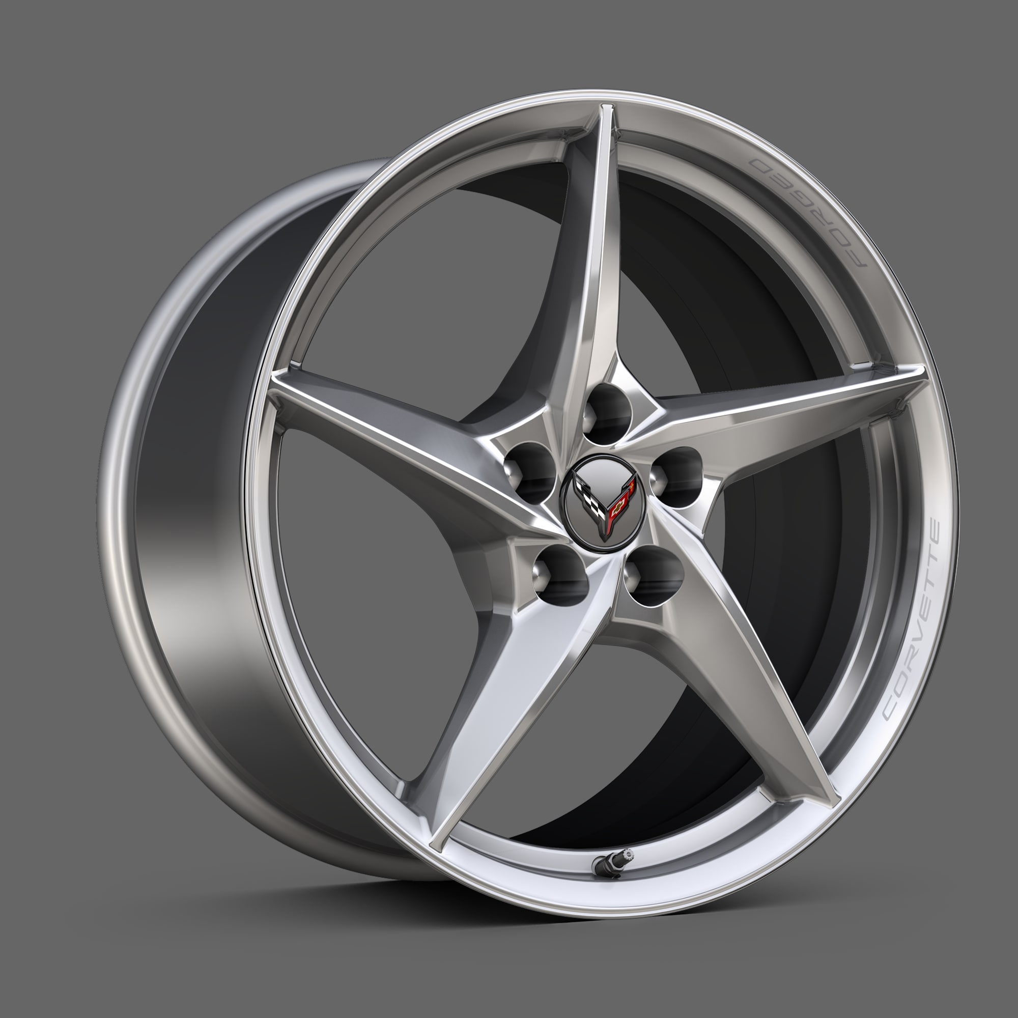 Bright Polished forged-aluminum wheel of the 2026 Chevrolet Corvette E-Ray.