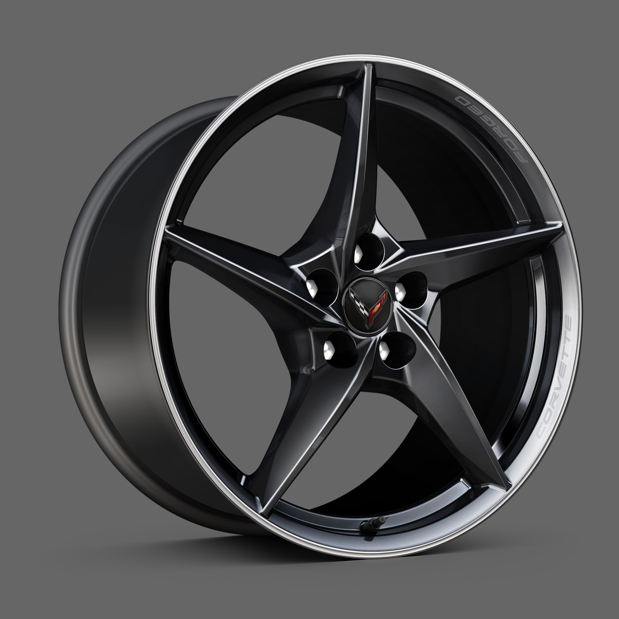 Carbon Flash with machined edge forged-aluminum wheel of the 2026 Chevrolet Corvette E-Ray.