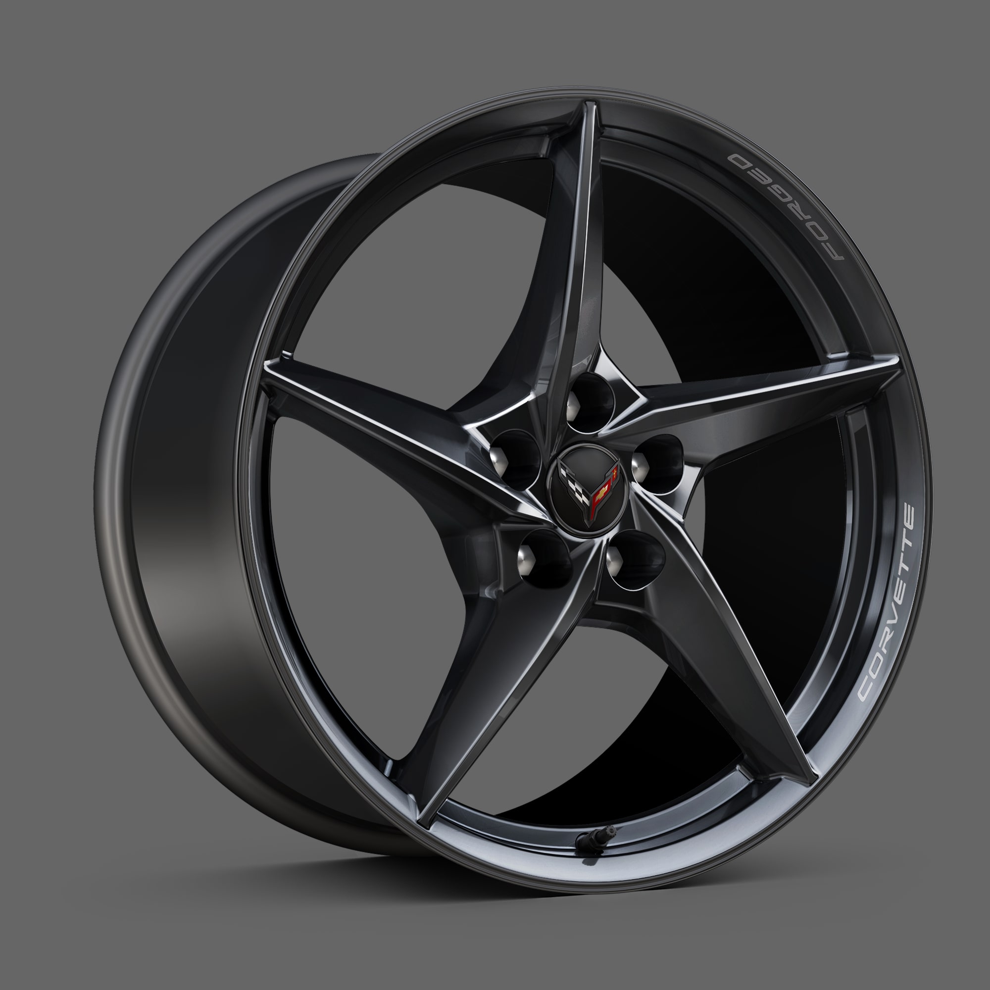 Gloss Black forged-aluminum wheel of the 2026 Chevrolet Corvette E-Ray.