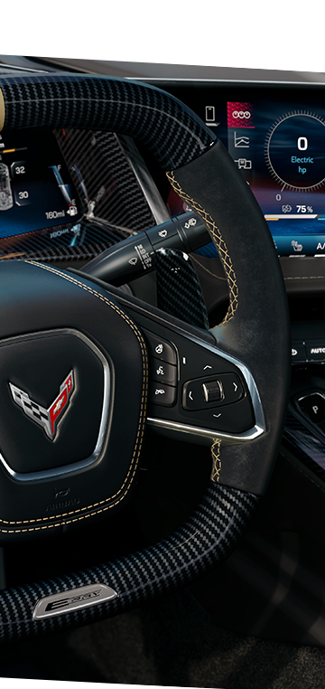 Close-up view of the steering wheel of the 2026 Chevrolet Corvette E-Ray.