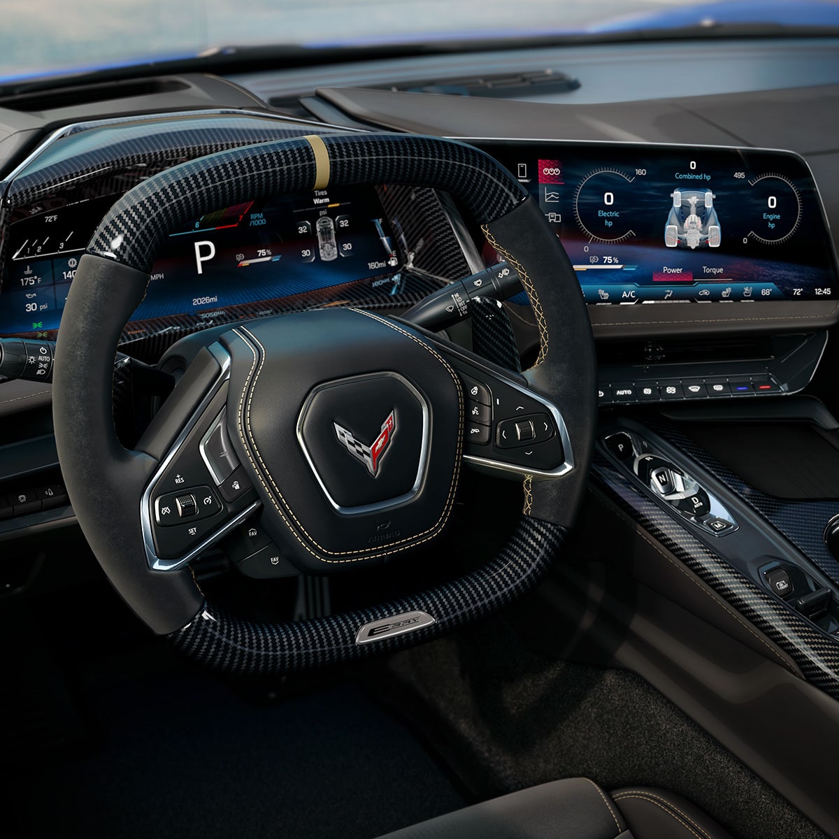 Driver's view of the sleek interiors of the 2026 Chevrolet Corvette E-Ray.