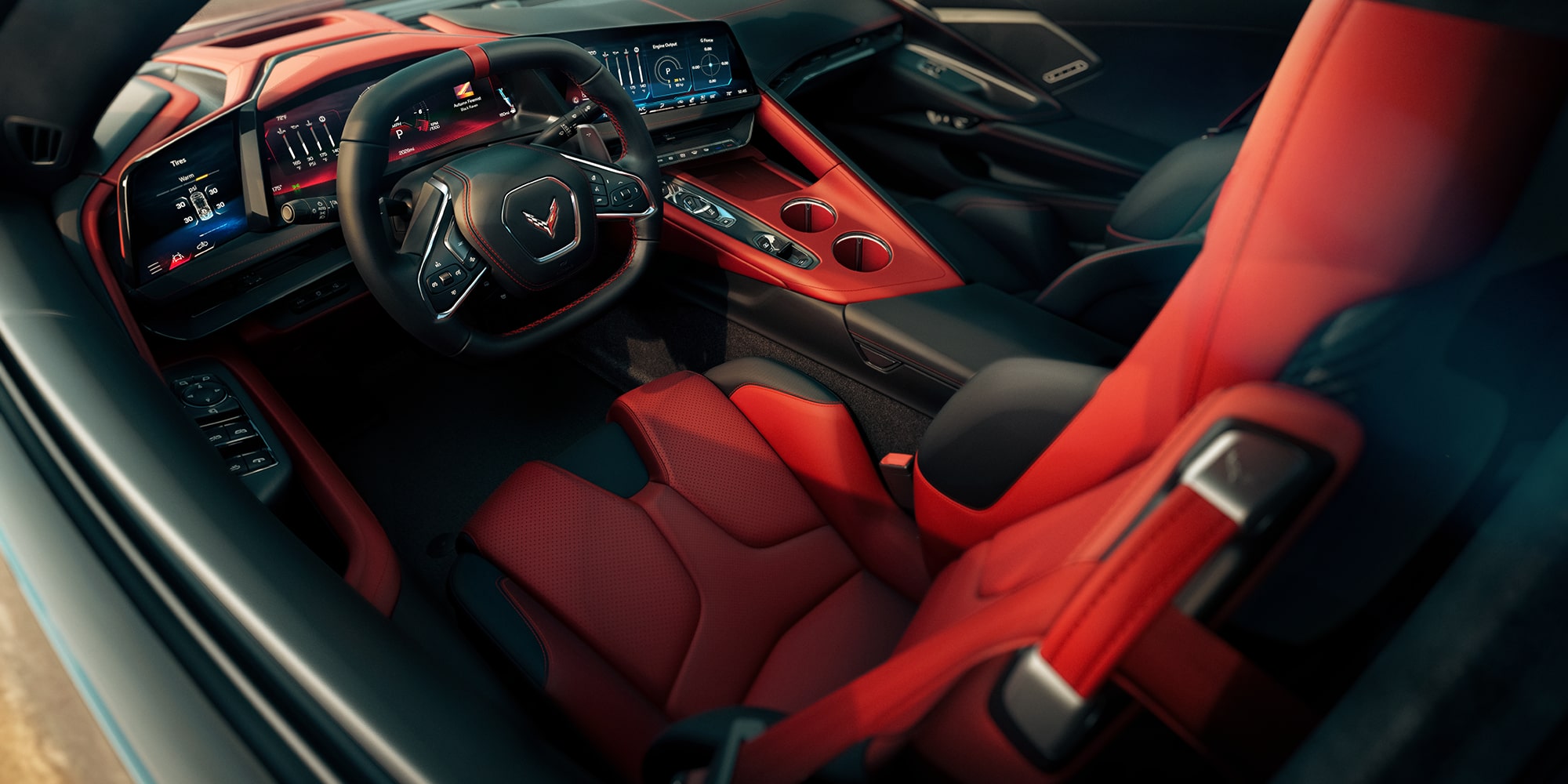 2026 Chevrolet Corvette Stingray Interior in Asymmetrical Adrenaline Red with Jet Black.