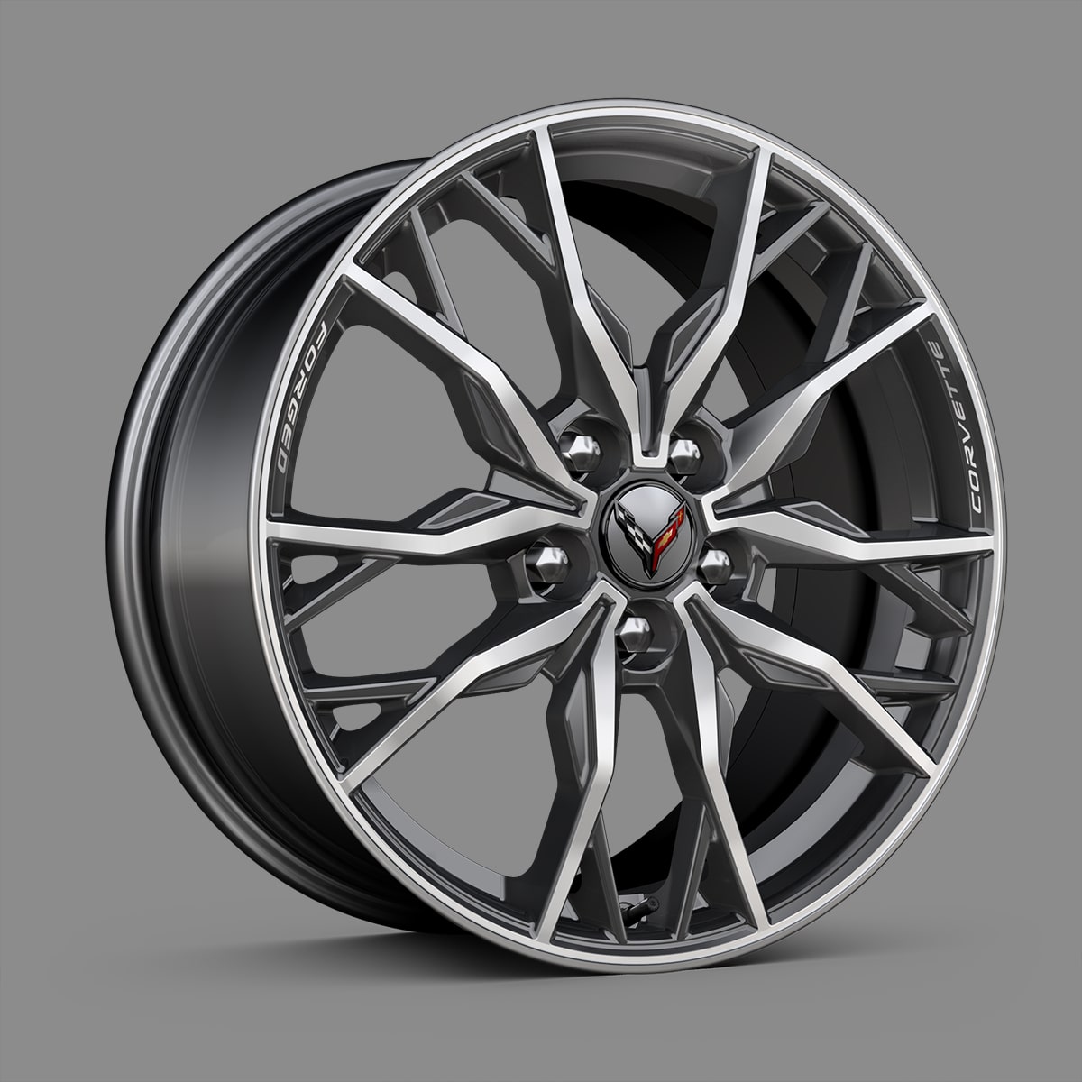Bright Forged Aluminum Wheels of the 2026 Chevrolet Corvette Stingray.