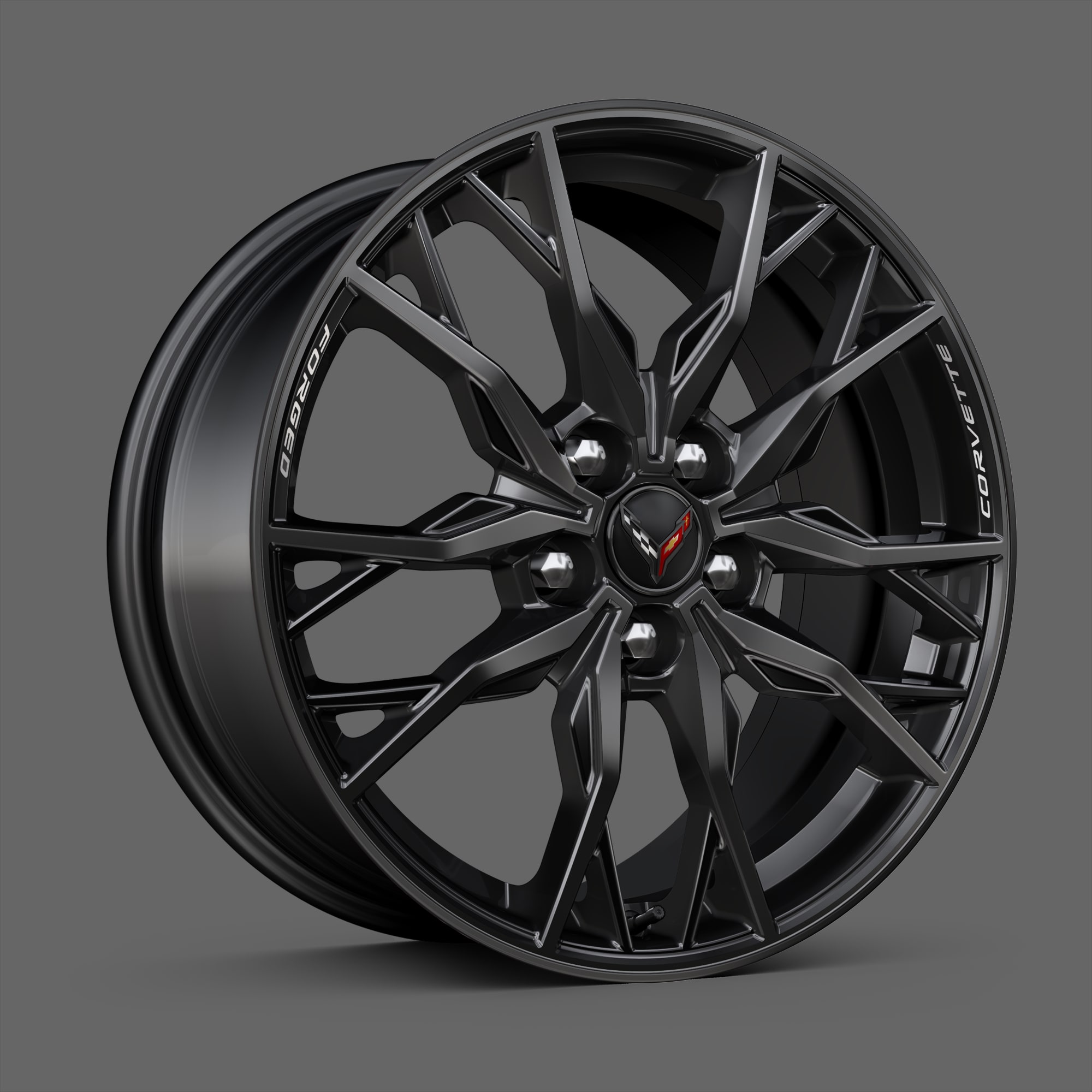 Gloss Black Forged-Aluminum Wheels of the 2026 Corvette Stingray.