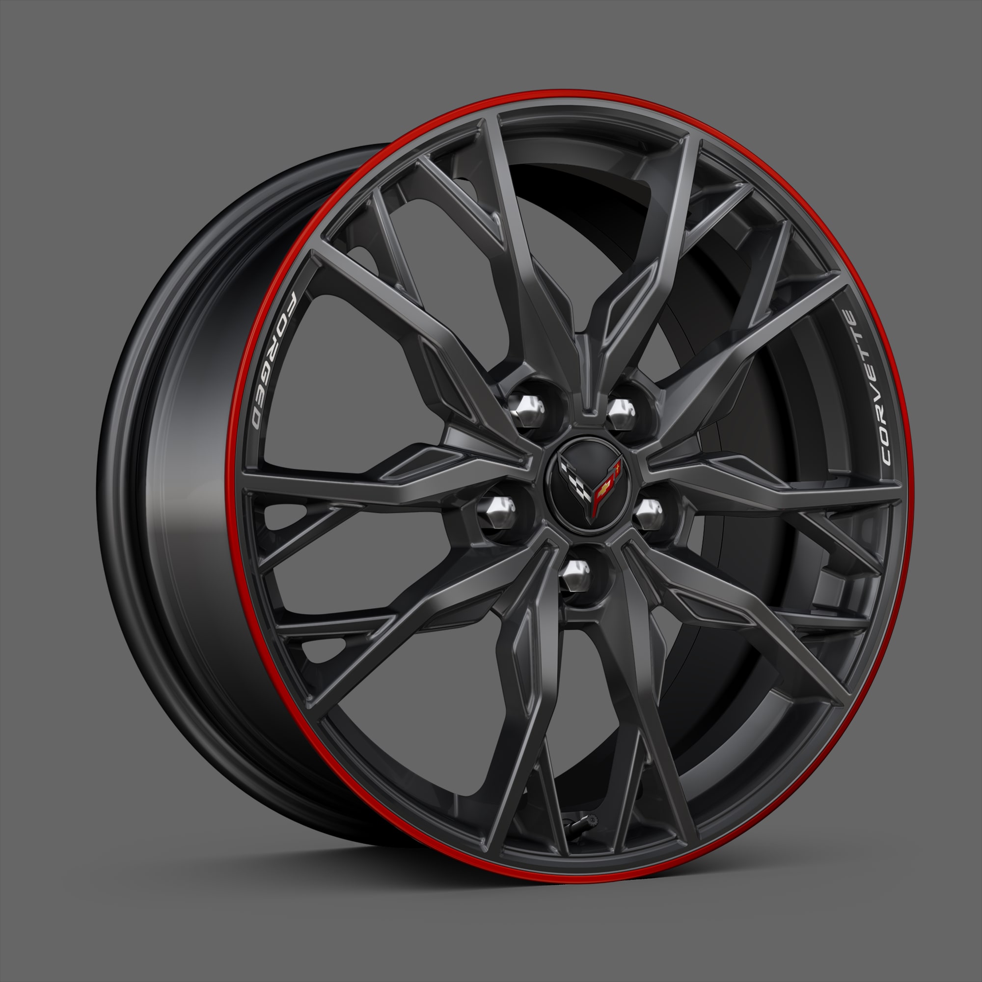 Midnight Gray with Red Stripe Forged-Aluminum Wheels of the 2026 Chevrolet Corvette Stingray.