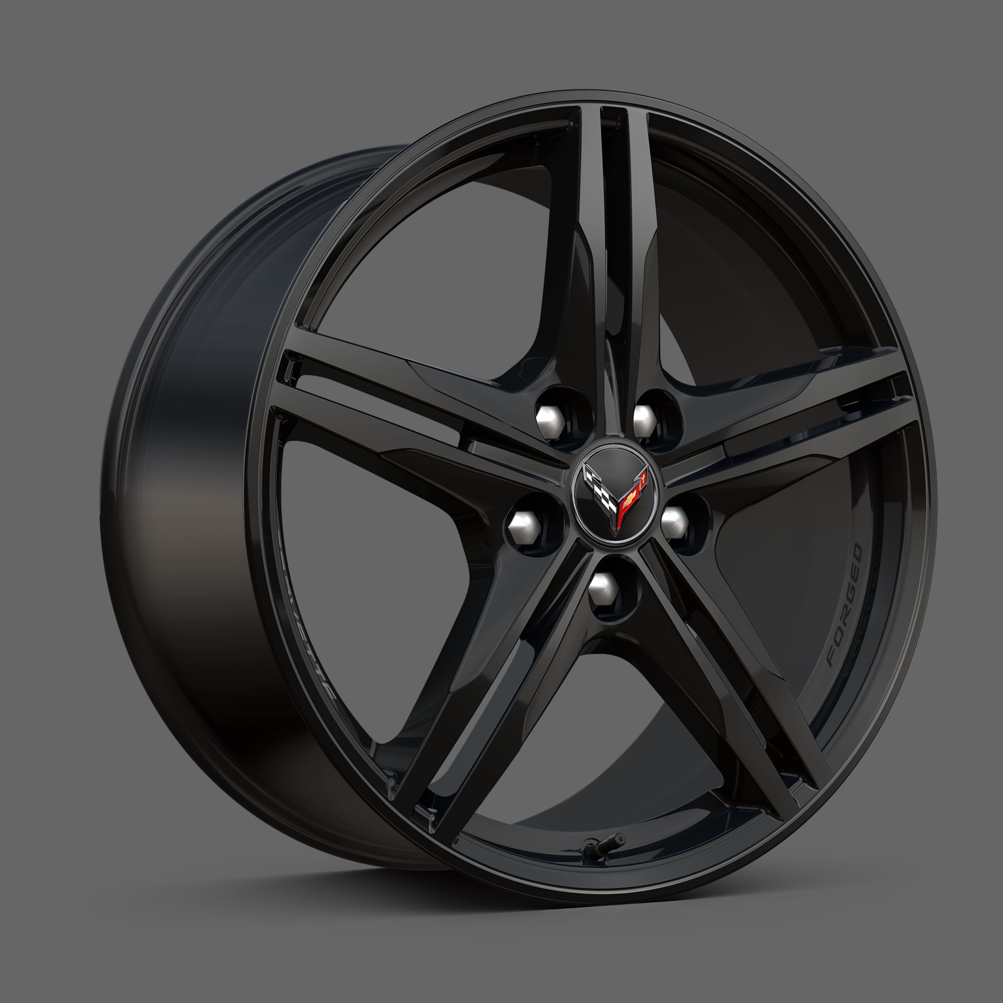Gloss Black Forged-Aluminum Wheels of the 2026 Chevrolet Corvette Stingray.