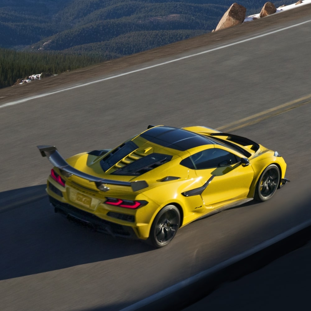 Overhead View of the 2026 Chevrolet Corvette ZR1 Driving alone on a Scenic Road.