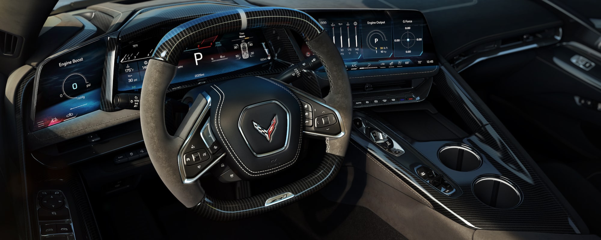2026 Chevrolet Corvette ZR1 Driver's View of Steering Wheel and Infotainment Display.