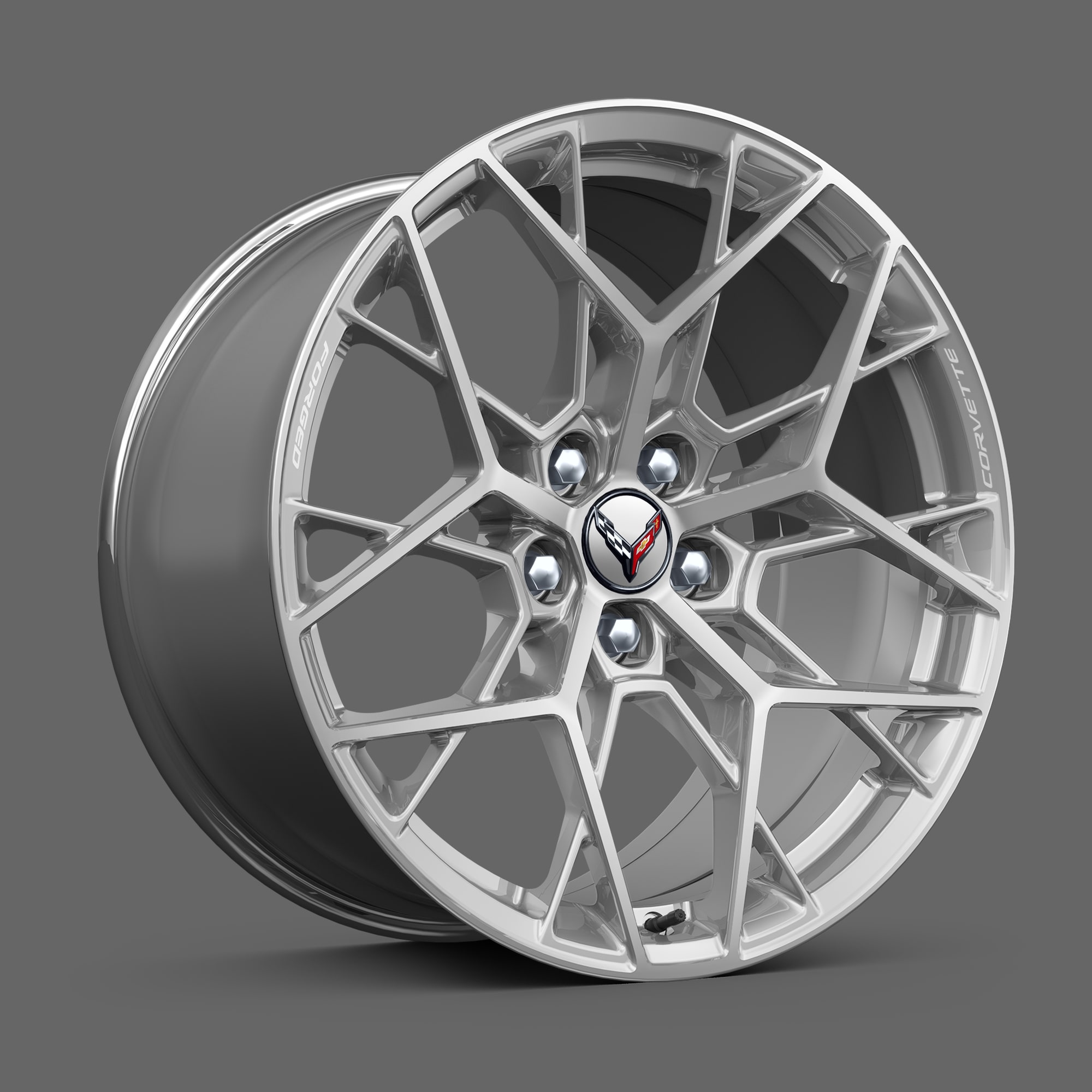 20" Front/21" Rear 20-Spoke Sterling Silver-Painted Forged Aluminum Wheels of the 2026 Chevrolet Corvette ZR1.