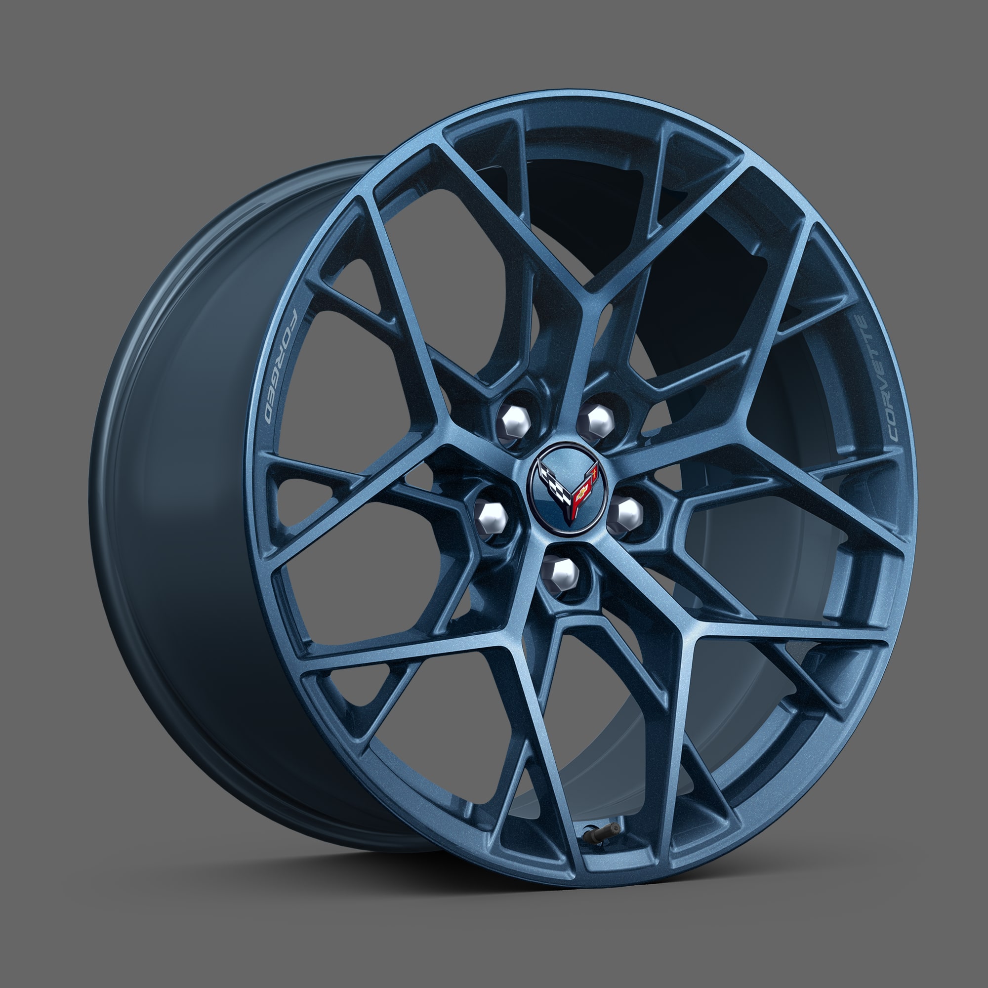 20" Front/21" Rear 20-Spoke Edge Blue-Painted Forged Aluminum Wheels of the 2026 Chevrolet Corvette ZR1.