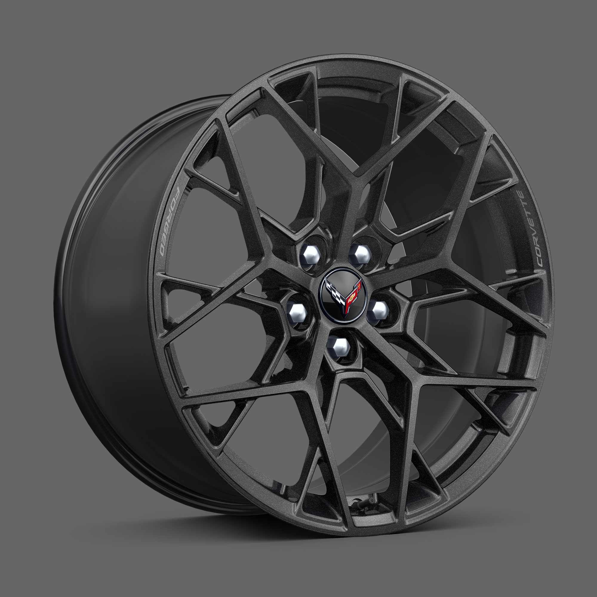 20" Front/21" Rear 20-Spoke Carbon Flash-Painted Forged Aluminum Wheels of the 2026 Chevrolet Corvette ZR1.