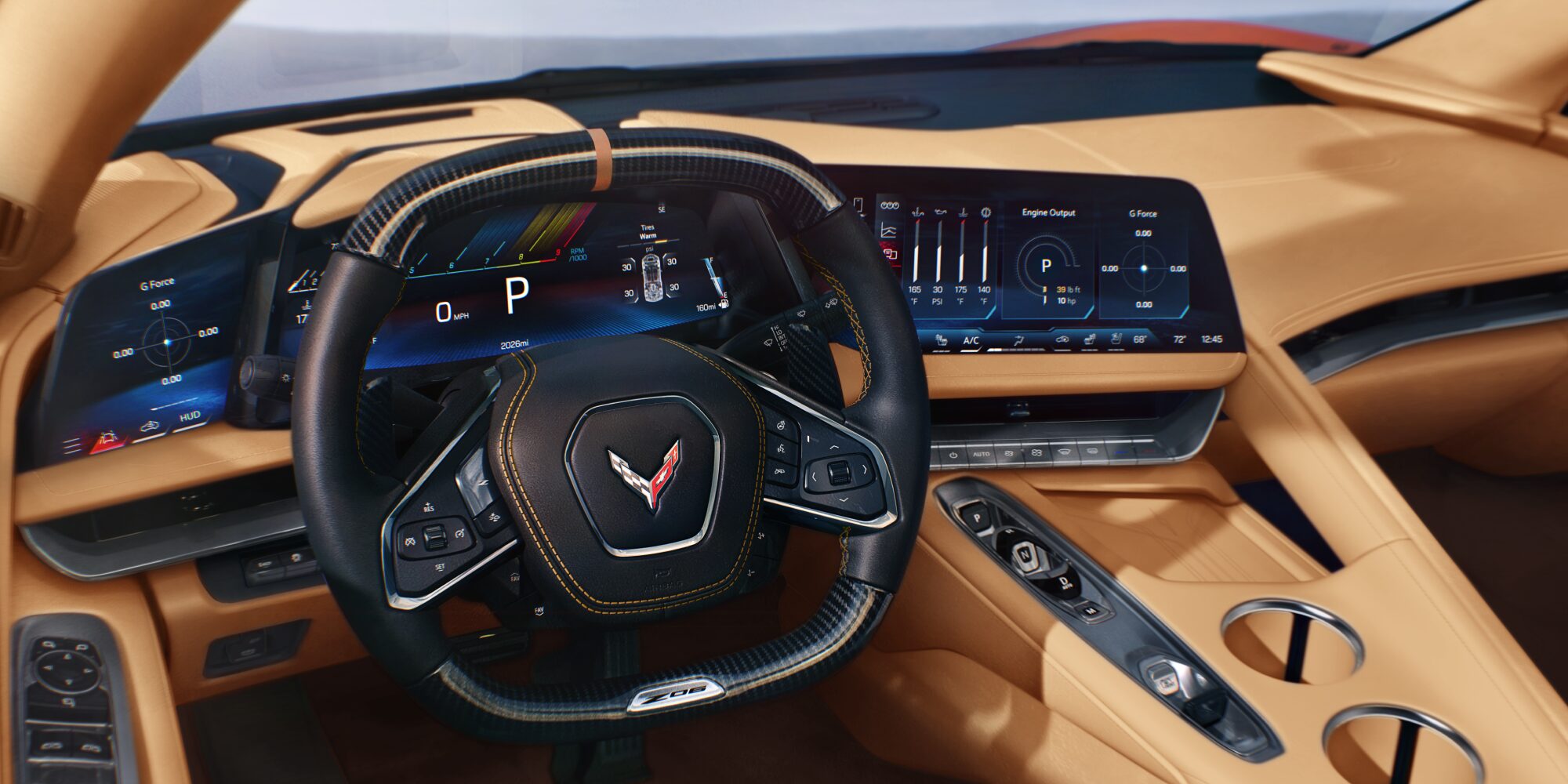 L'habitacle de la Chevrolet Corvette Z06 2027, avec son volant à méplat, son écran d'infodivertissement et sa console centrale.