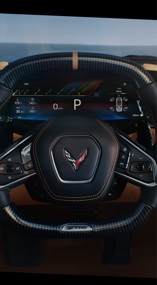 Gros plan sur le volant et le tableau de bord numérique du conducteur de la Chevrolet Z06 2027