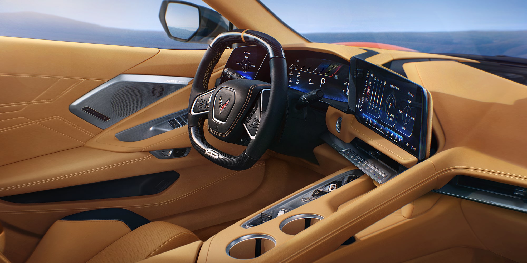 Vue passager de l'intérieur et du tableau de bord côté conducteur de la Corvette Z06 2027, couleur beige
