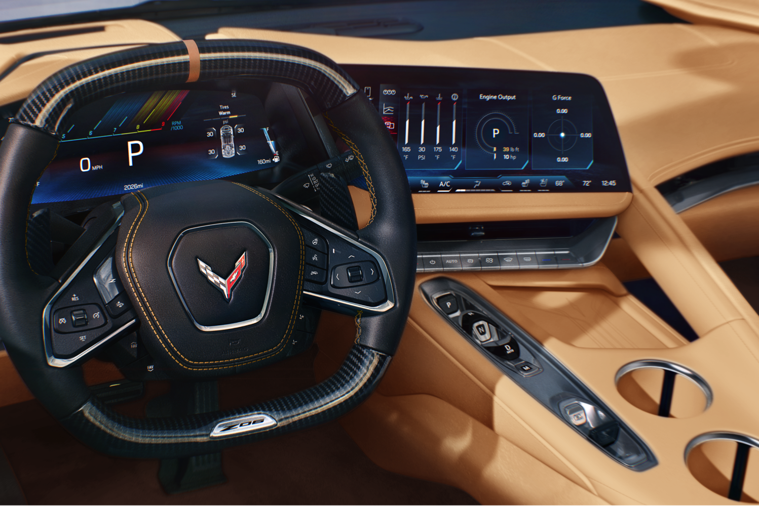 Vue du volant depuis la place du conducteur de la Chevrolet Corvette Z06 2027.