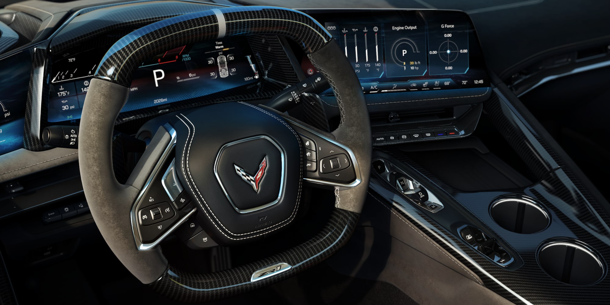 Vue du conducteur du volant et de l’affichage d’infodivertissement de la Chevrolet Corvette ZR1 2027.