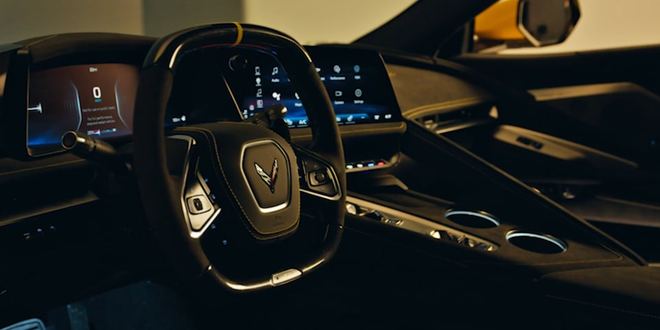 2027 Chevrolet Corvette Stingray Steering wheel and infotainment system.