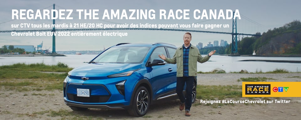 Regardez The Amazing Race Canada sur CTV tous les mardis à 21 h (HE)/20 h (HC) pour avoir des indices pouvant vous faire gagner un Chevrolet Bolt EUV 2022 entièrement électrique.