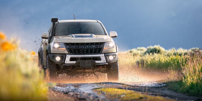 Front View Of The 2022 Chevrolet Colorado ZR2 Bison Edition Mid-Size Truck Exterior with AEV Accessory Snorkel.
