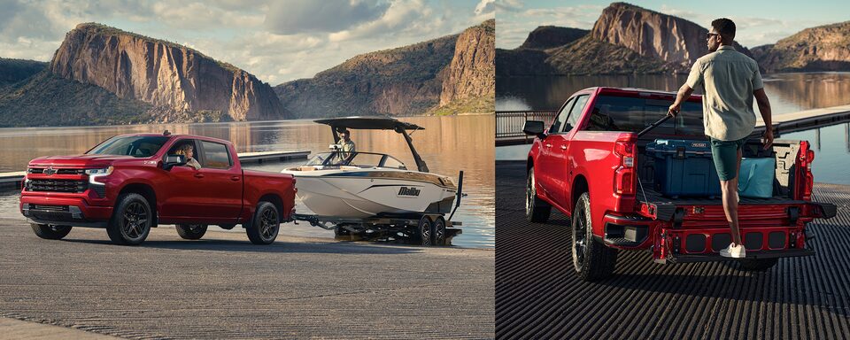 2022 Chevrolet Silverado 1500 towing a boat and a person climbing into truck bed using Multipro Tailgate.