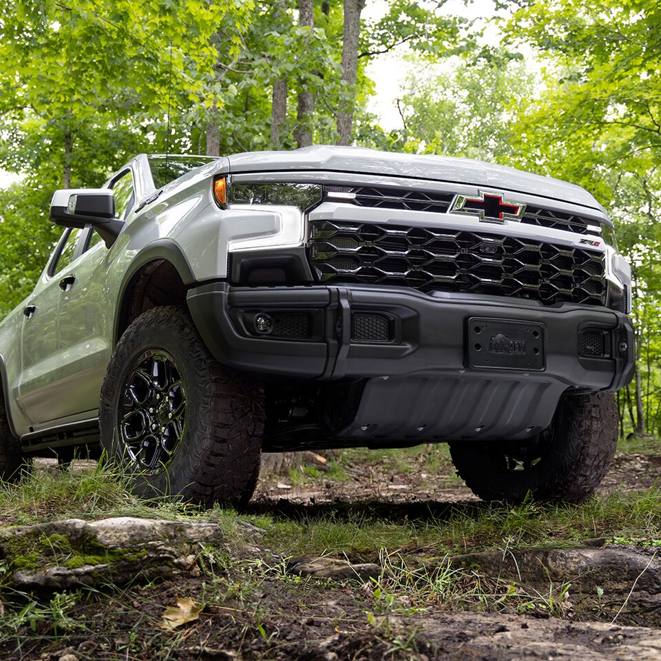 2023 Silverado ZR2 Bison Edition: Black vertical front tow hooks.