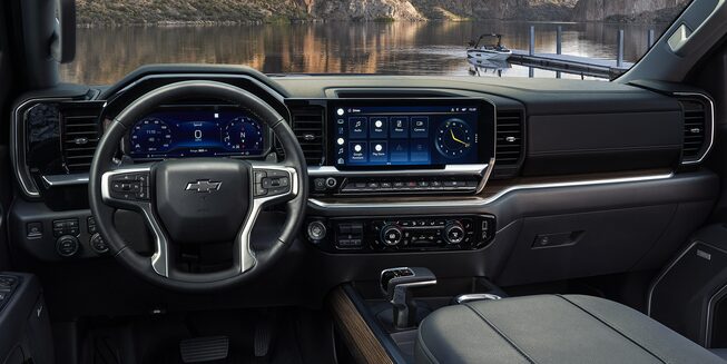 2023 Chevrolet Silverado 1500 interior view of steering wheel & dashboard.