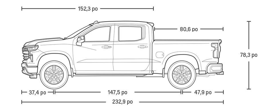 Spécifications du Silverado 1500 2023 à cabine multiplace.