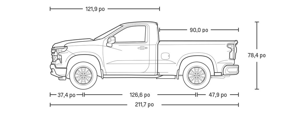 Spécifications du Silverado 1500 2023 à cabine classique.