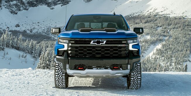 Front view of the 2023 Silverado ZR2 on snowy terrain.