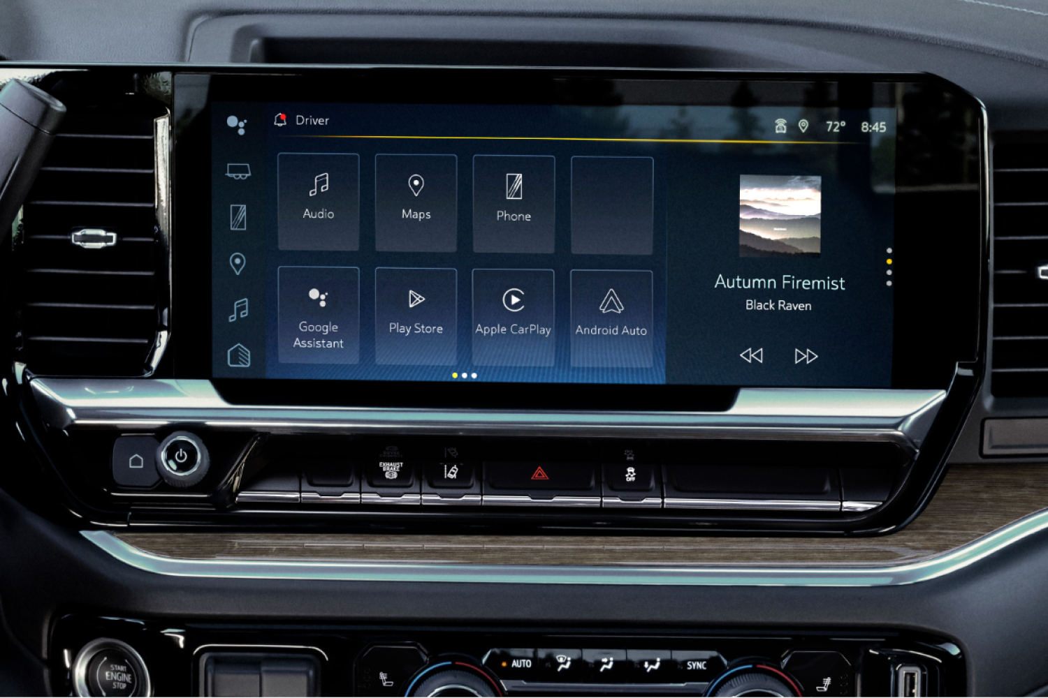 Vue rapprochée de l’écran du système d’infodivertissement du Chevrolet Silverado HD 2026.