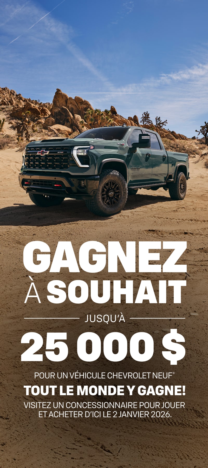 Le Chevrolet Silverado HD 2026 stationné seul dans le désert.