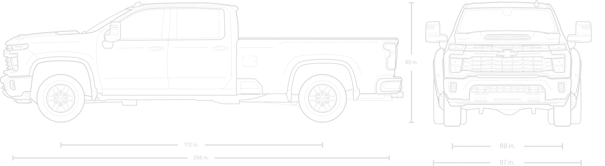 Dessin de face et de côté du Chevrolet Silverado HD 2026 à cabine double et caisse longue.