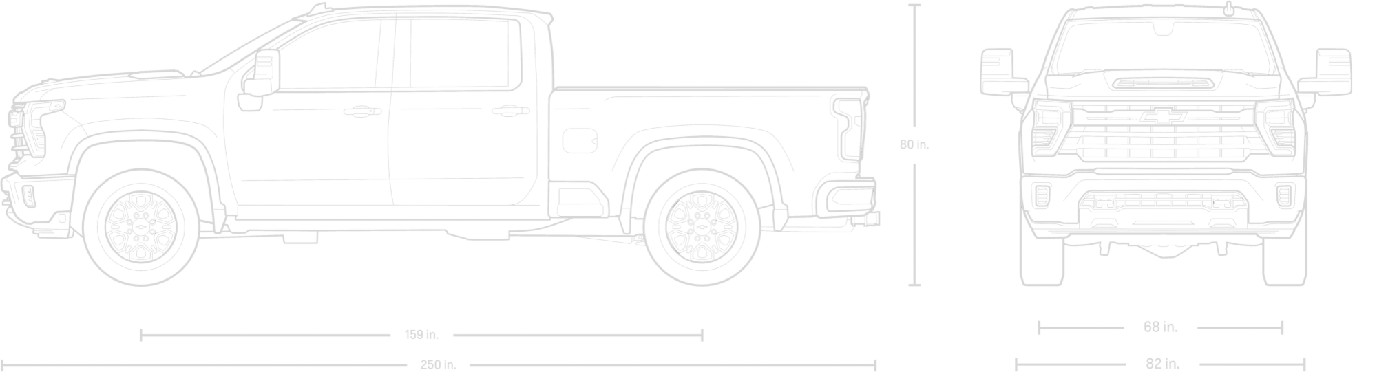 Dessin de face et de côté du Chevrolet Silverado HD 2026 à cabine multiplace.