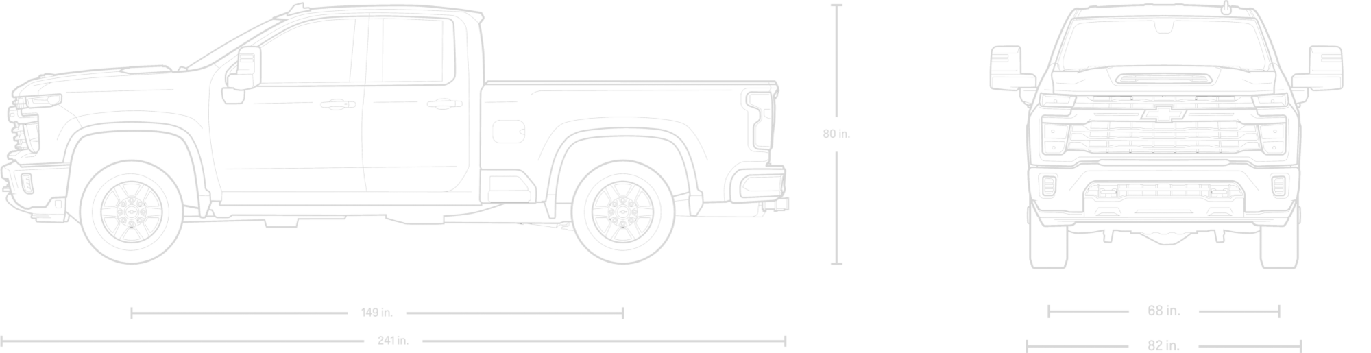 Dessin de face et de côté du Chevrolet Silverado HD 2026 à cabine double.