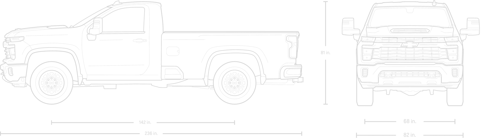 Dessin de face et de côté du Chevrolet Silverado HD 2026 à caisse longue.
