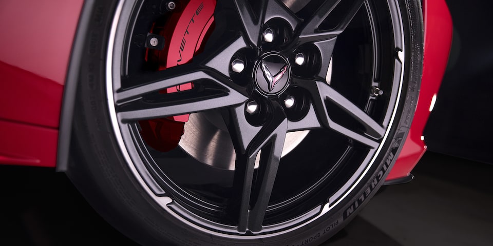 New Generation 2020 Corvette Sports Car Wheels Close Up.