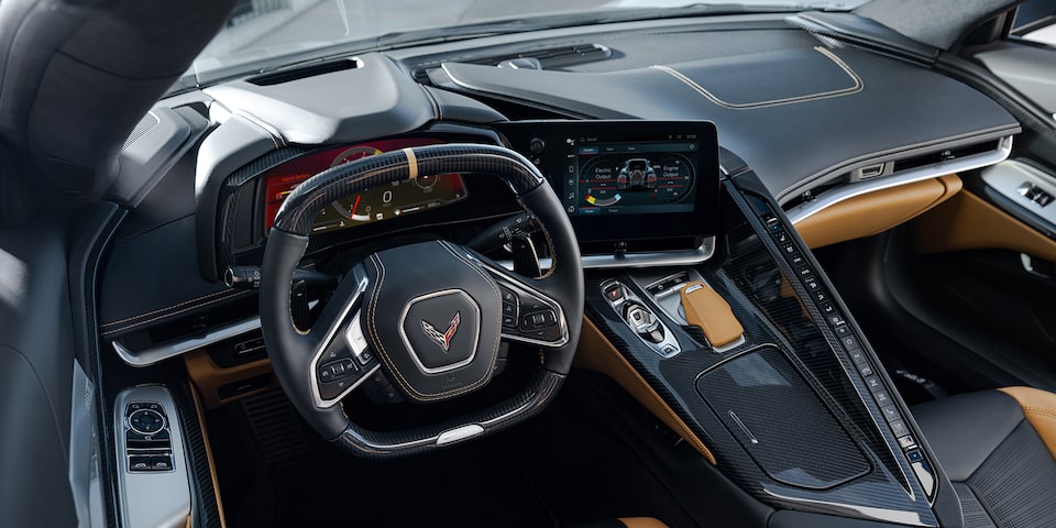 All-New 2024 Corvette E-Ray steering wheel overview.