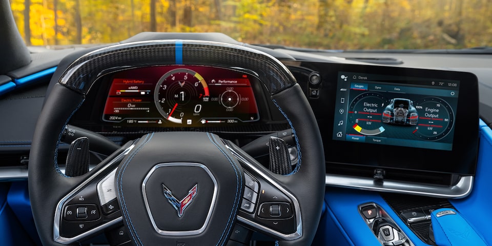 Steering wheel and centre console of the All-New 2024 Corvette E-Ray.