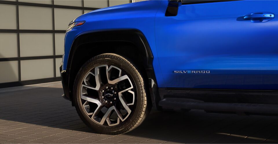 Close-up view of the 2024 Chevrolet Silverado EV front left wheel.