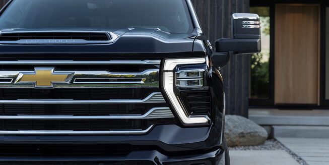 Close-up of the 2024 Silverado HD's headlamp.