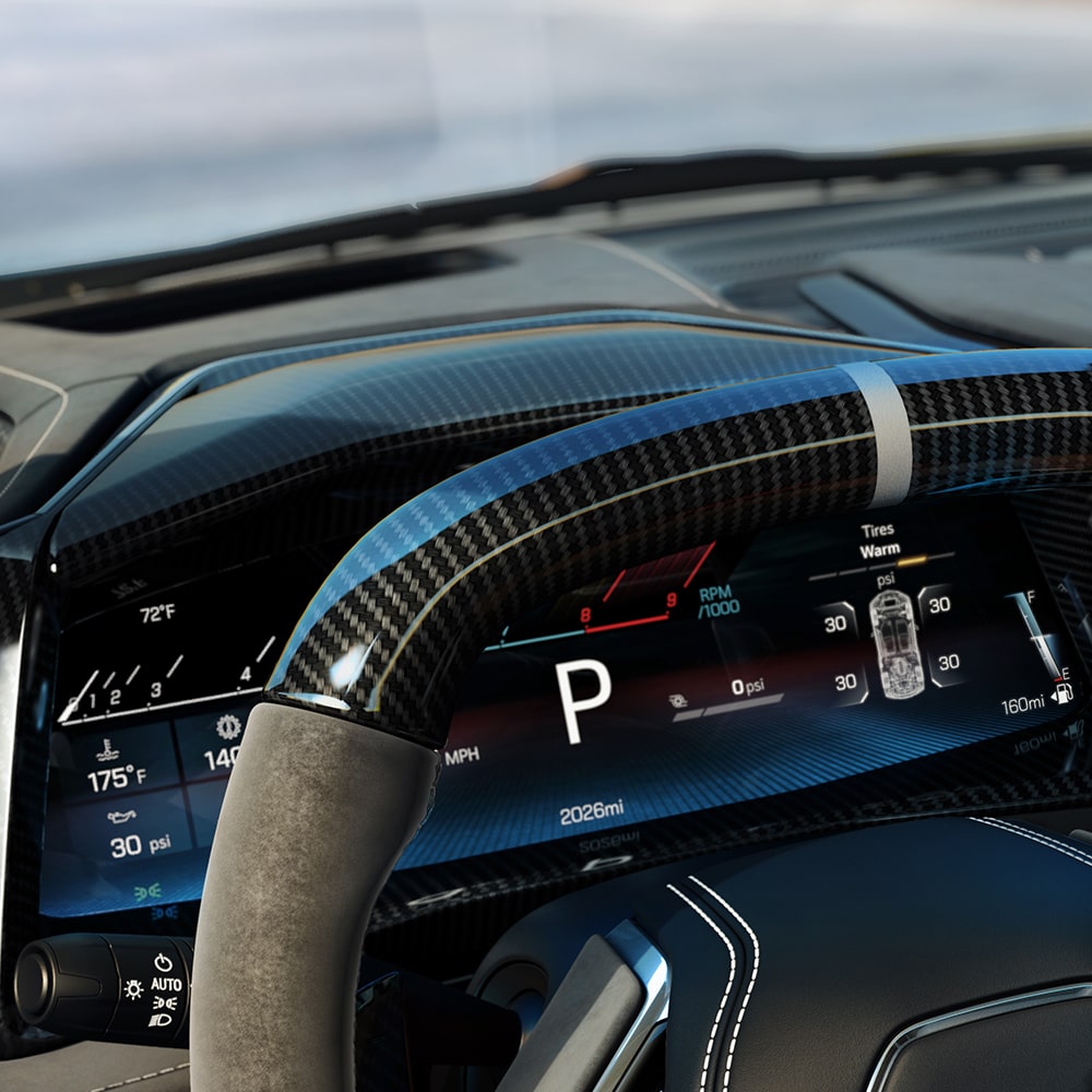 Close-Up View of the Steering Wheel Inside the 2026 Corvette.