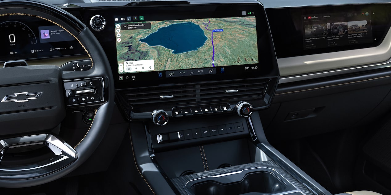 Steering wheel and infotainment system inside the Next-Generation 2027 Silverado 1500 Truck.