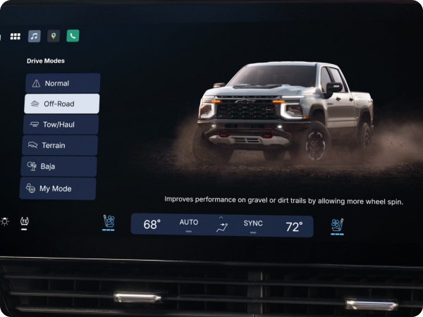 2027 Chevrolet Silverado 1500 touchscreen displaying selectable drive modes