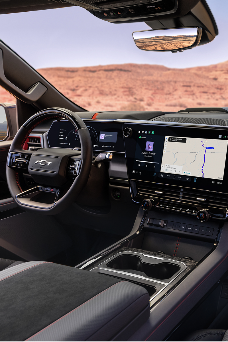 2027 Chevrolet Silverado 1500 ZR2 interior with digital displays, touchscreen and centre console