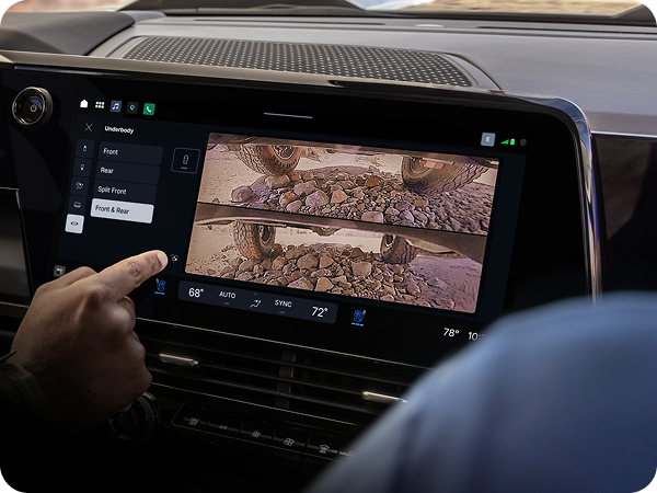 2027 Chevrolet Silverado 1500 touchscreen displaying front and rear underbody camera views