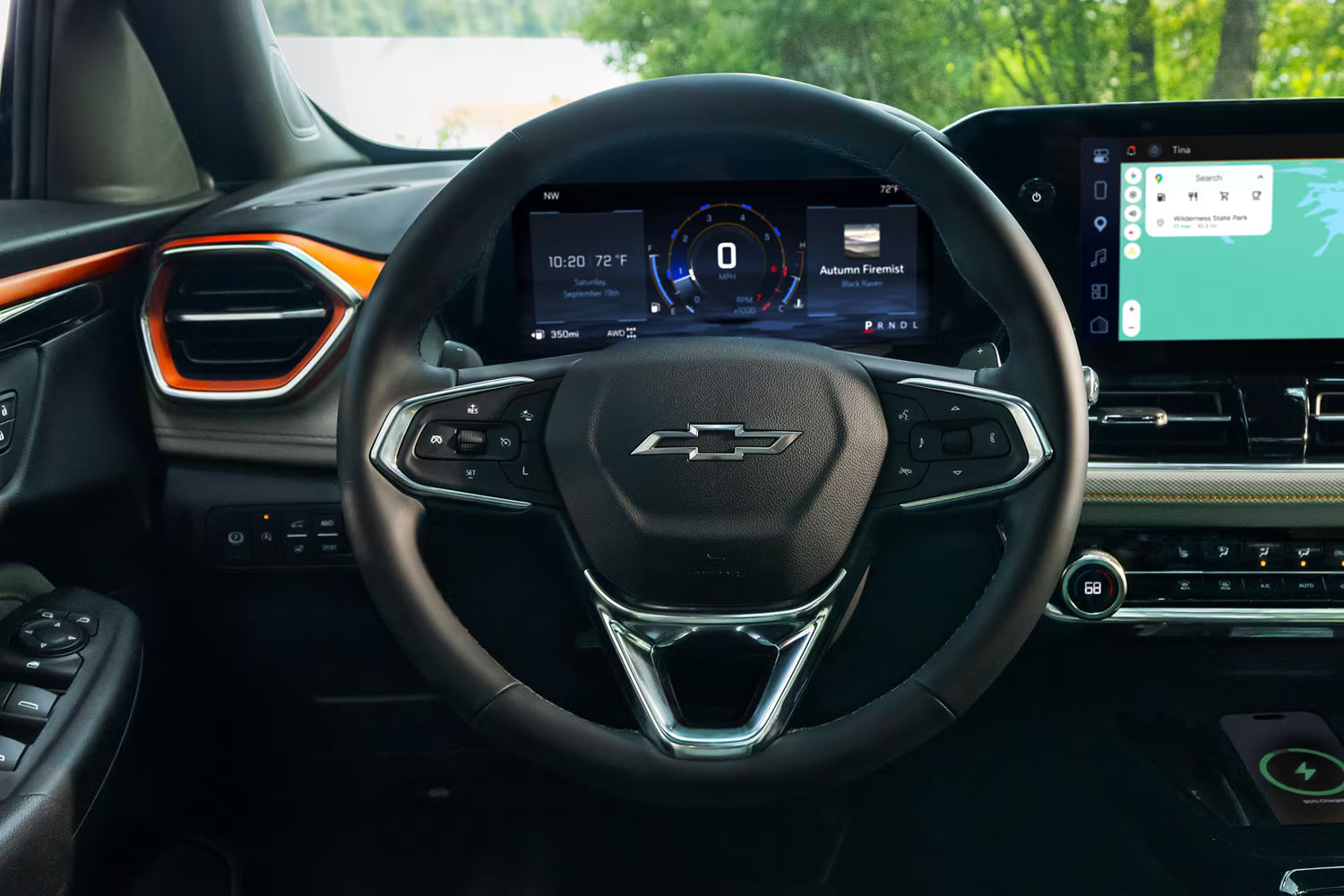 Close-up view of the 2027 Chevrolet Trailblazer driver cockpit featuring a multifunction steering wheel.