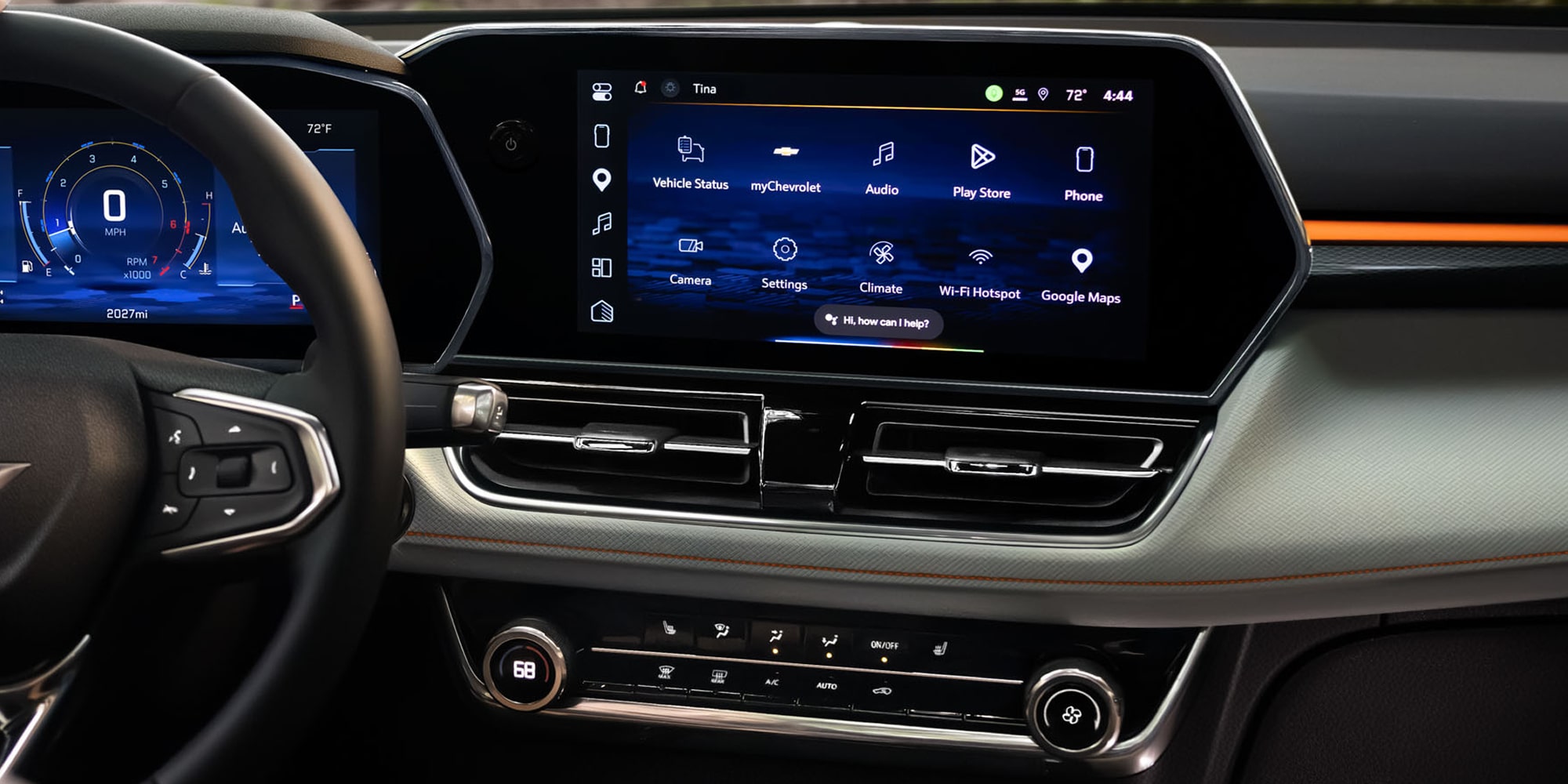 Close-up of the 2027 Chevrolet Trailblazer dashboard featuring a large infotainment touchscreen with connected vehicle apps and controls.